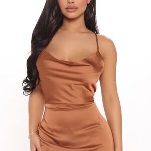 Fashion Nova Give It All To Me Brown 90s Satin Midi Dress
